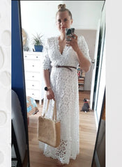 Floral Crochet Lace Eyelet Empire Waist Maxi Dress in White