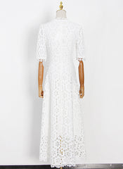 Floral Crochet Lace Eyelet Empire Waist Maxi Dress in White