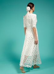 Floral Crochet Lace Eyelet Empire Waist Maxi Dress in White