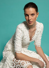 Floral Crochet Lace Eyelet Empire Waist Maxi Dress in White