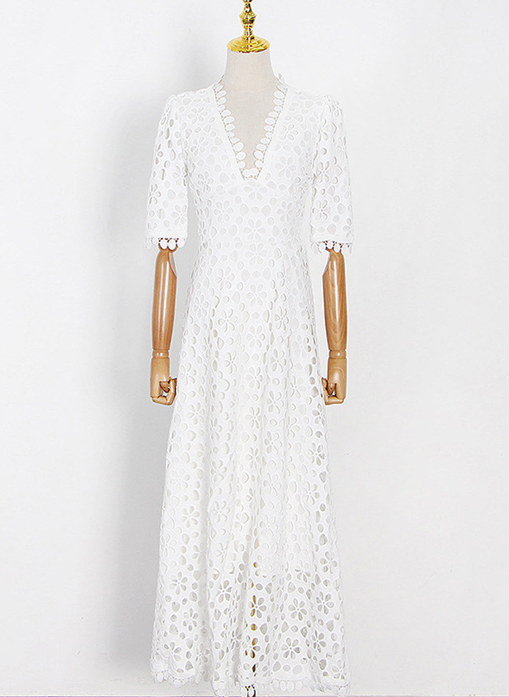 Floral Crochet Lace Eyelet Empire Waist Maxi Dress in White Celebrity Designz Floral Crochet Lace Eyelet Empire Waist Maxi Dress in White Celebrity Designz