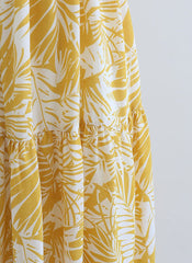 Sweetheart Neck Palm Leaf Print Tiered Maxi Dress in Mustard