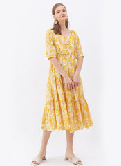 Sweetheart Neck Palm Leaf Print Tiered Maxi Dress in Mustard