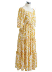 Sweetheart Neck Palm Leaf Print Tiered Maxi Dress in Mustard