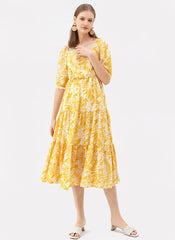 Sweetheart Neck Palm Leaf Print Tiered Maxi Dress in Mustard