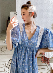 Boho V-neck Puff Sleeve Paisley Print Empire-Waist Cotton Dress
