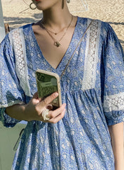 Boho V-neck Puff Sleeve Paisley Print Empire-Waist Cotton Dress