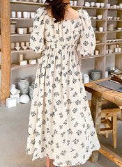 Retro Square Neck Shirred Waist Rose Print Midi Dress in Beige