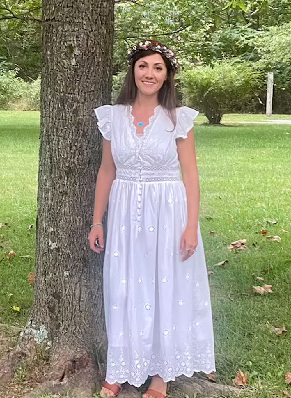 Ruffle Trim Eyelet Embroidered Cotton Dress in White Celebrity Designz