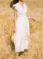 Ruffle Trim Eyelet Embroidered Cotton Dress in White