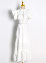 Vintage Ruffled High-neck Crochet Trimmed Maxi Dress in White