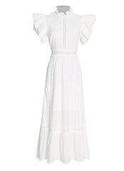 Vintage Ruffled High-neck Crochet Trimmed Maxi Dress in White