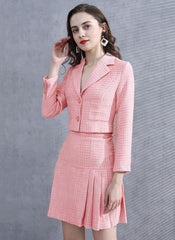 Tweed Crop Jacket & Pleated A-line Skirt Two-piece Set in Pink