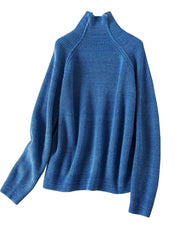 Turtleneck Relaxed Raglan Sleeve Blue Sweater & Black Wide-Leg Trousers Set