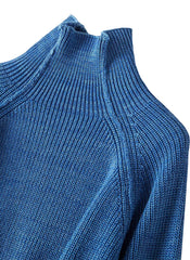 Turtleneck Relaxed Raglan Sleeve Blue Sweater & Black Wide-Leg Trousers Set