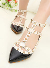 Rockstud T-Strap Caged Pointed Toe Ballet Flats Shoes