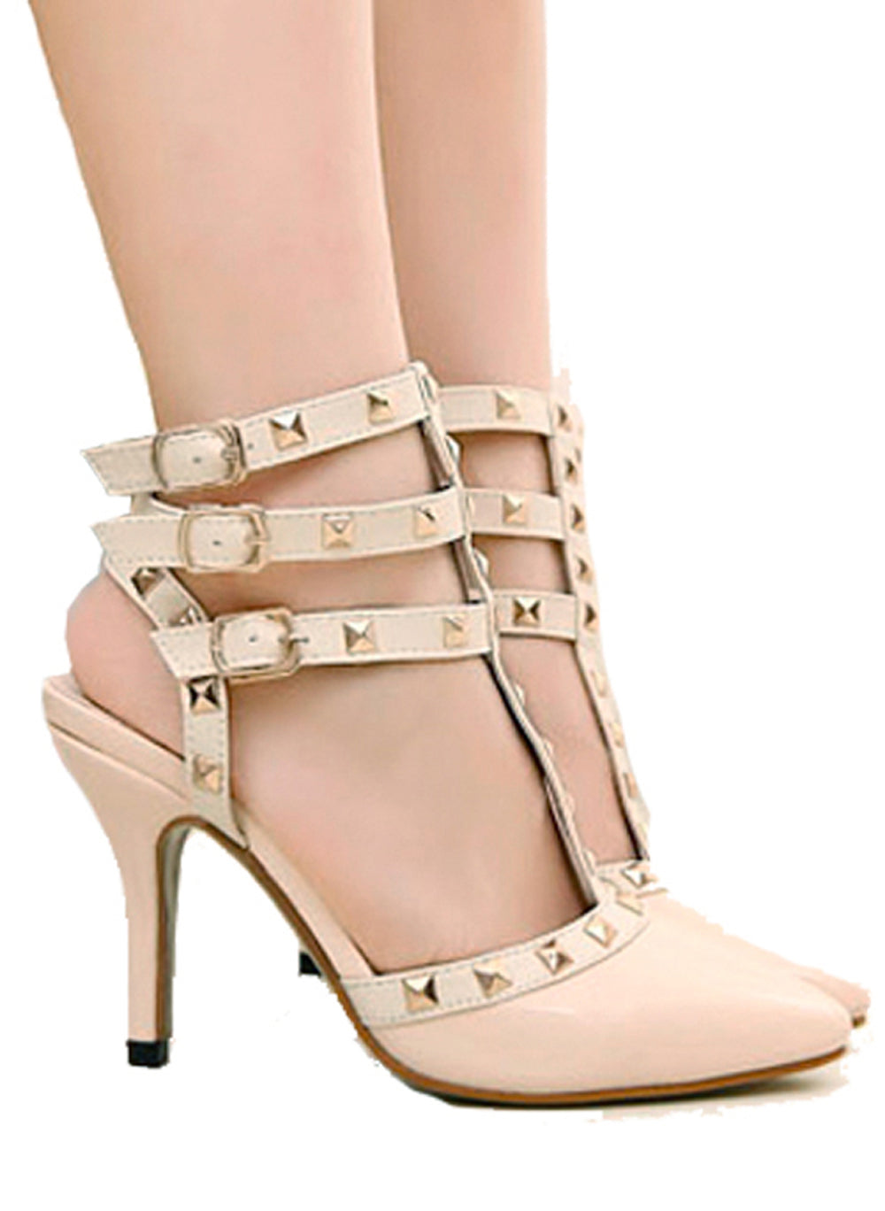 Rockstud 3 T-Strap Pointed Toe Caged Pumps