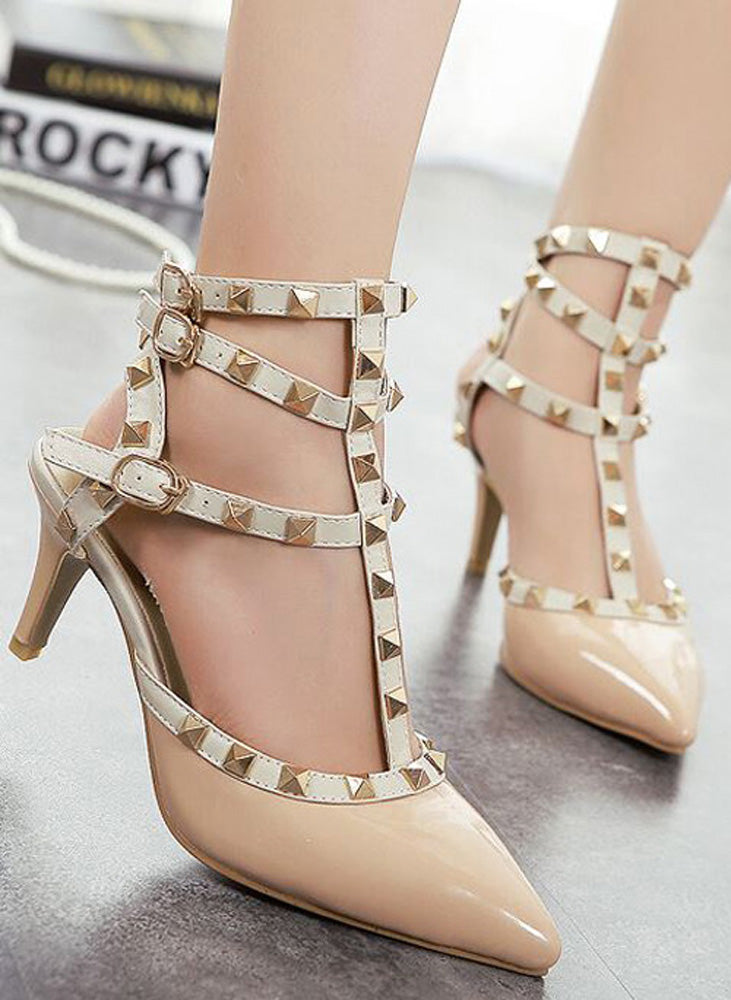 Rockstud 3 T-Strap Pointed Toe Caged Pumps
