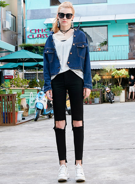 Ripped Knee Step Hem Skinny Jeans in Black