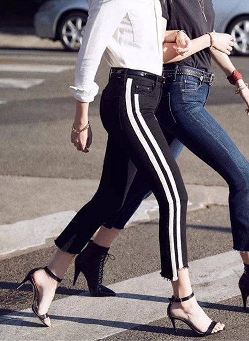 Chiara Ferragni Inspired Crop Step Frayed Jeans with Side Stripes