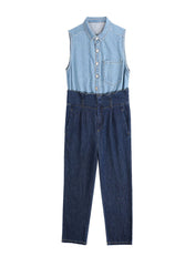 Two-tone Double Denim Belted High Waist Jumpsuit