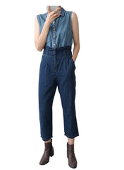 Two-tone Double Denim Belted High Waist Jumpsuit