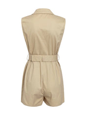 Notch Collar Buckle Belted Blazer Romper in Khaki