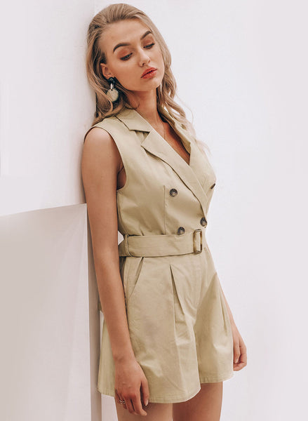 Notch Collar Buckle Belted Blazer Romper in Khaki