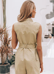 Notch Collar Buckle Belted Blazer Romper in Khaki