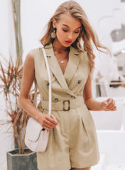 Notch Collar Buckle Belted Blazer Romper in Khaki