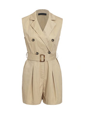 Notch Collar Buckle Belted Blazer Romper in Khaki