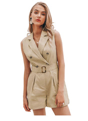 Notch Collar Buckle Belted Blazer Romper in Khaki