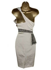 Kerry Sequin Bow One Shoulder Cocktail Dress in Beige