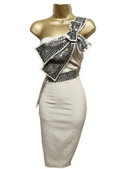 Kerry Sequin Bow One Shoulder Cocktail Dress in Beige