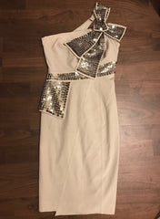 Kerry Sequin Bow One Shoulder Cocktail Dress in Beige