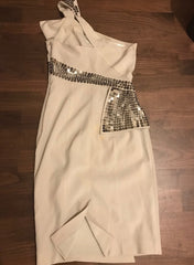 Kerry Sequin Bow One Shoulder Cocktail Dress in Beige