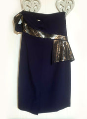 Sequin Bow One Shoulder Cocktail Dress in Navy