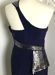 Sequin Bow One Shoulder Cocktail Dress in Navy