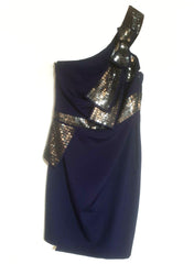 Sequin Bow One Shoulder Cocktail Dress in Navy