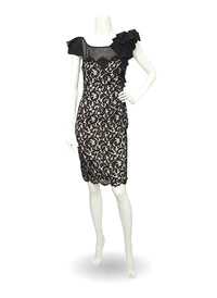 French Floral Lace Little Black Dress with Ruffles