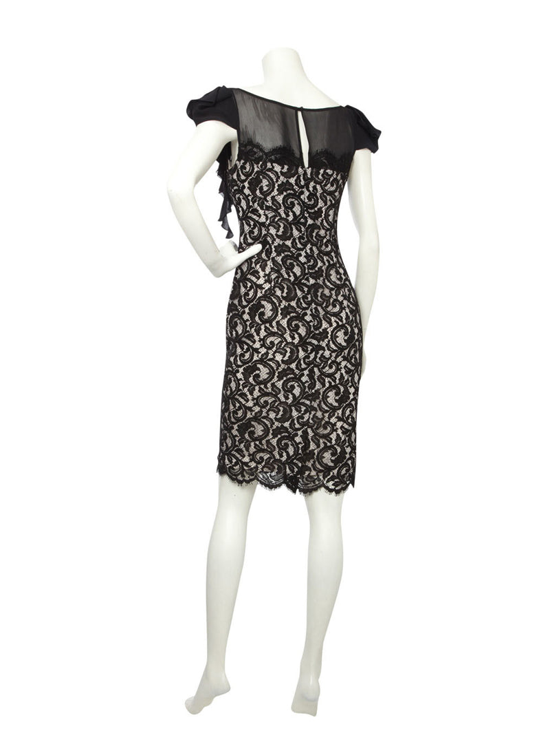 French Floral Lace Little Black Dress with Ruffles