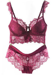 Lace Contour Demi Cup Push Up Bra Set in Maroon
