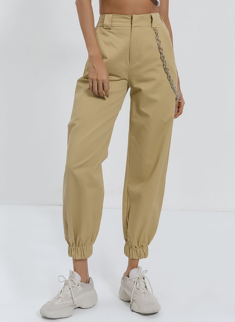 Emily High Waisted Relaxed fit Chain Pants in Tan Celebrity Designz