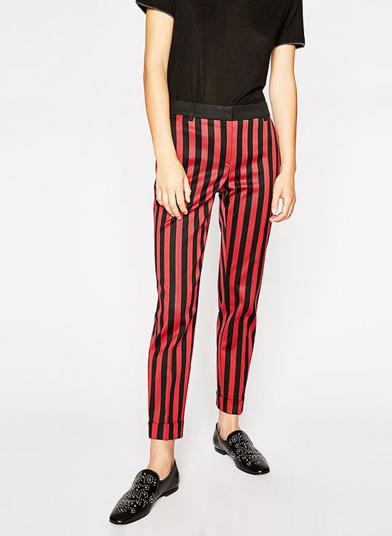 Kaia Chic Knit Black Top Vertical Striped Cigarette Pants Celebrity Designz