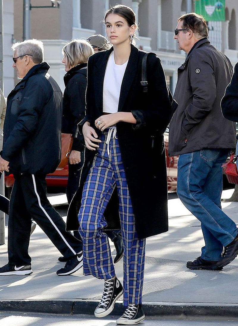 Kaia High Waist Wide Leg Check Pants with Chain