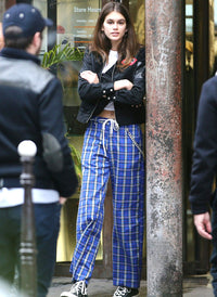 Kaia High Waist Wide Leg Check Pants with Chain