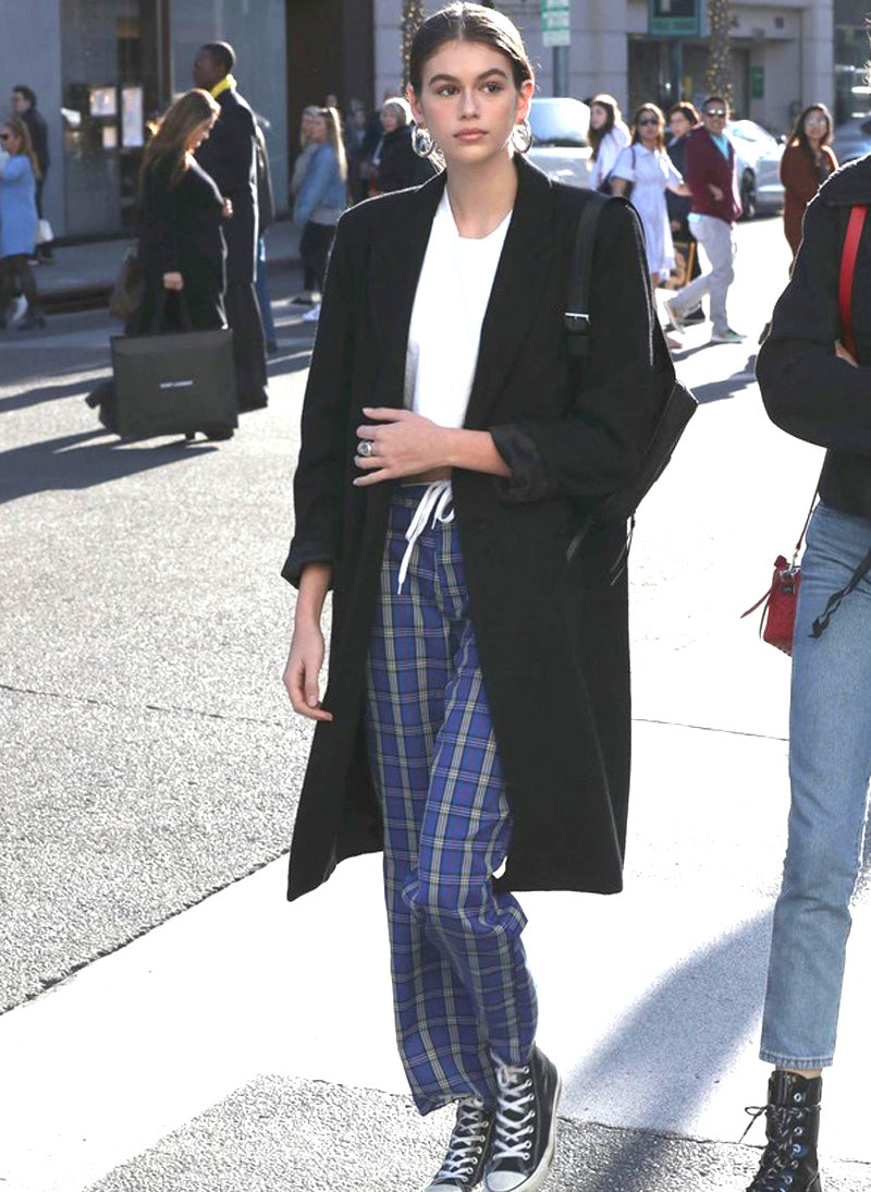 Kaia High Waist Wide Leg Check Pants with Chain