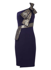 Sequin Bow One Shoulder Cocktail Dress in Navy