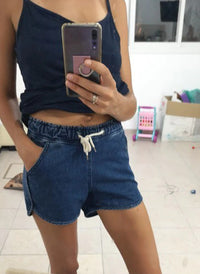 Low Rise Drawstring Sporty Denim Shorts in Blue