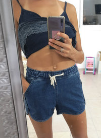 Low Rise Drawstring Sporty Denim Shorts in Blue